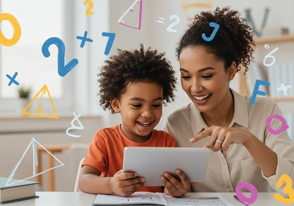 Child and adult happily exploring multiplication together