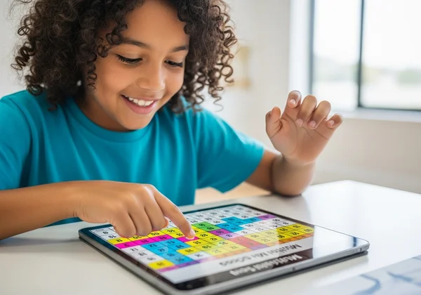 A child using an interactive multiplication chart on a tablet