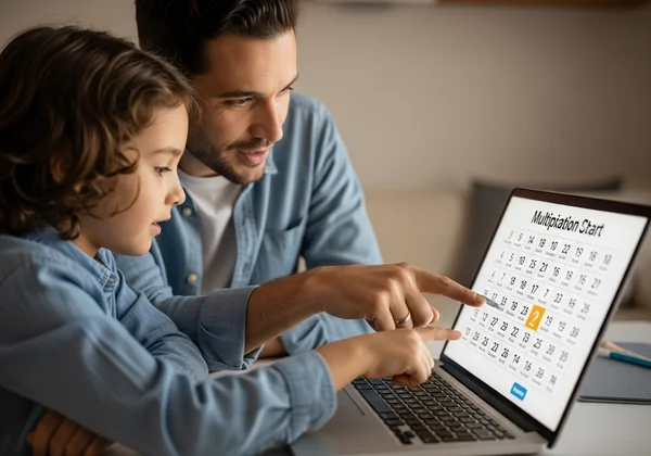 A parent and child exploring an interactive multiplication chart