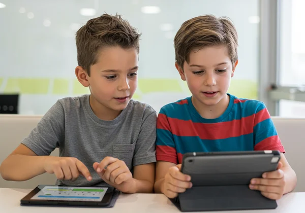 Two children actively practicing multiplication using online tools.