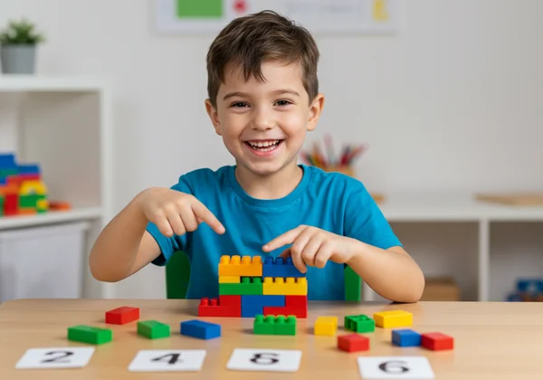 Child skip counting with blocks, representing multiplication.