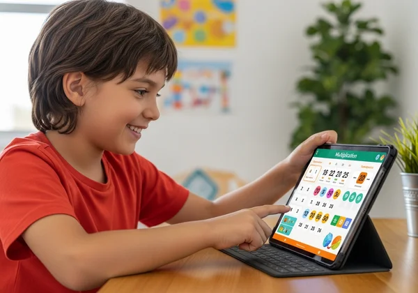 Child successfully using an interactive multiplication chart