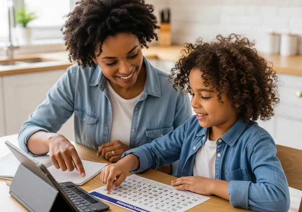 Parent and child learning multiplication happily together.