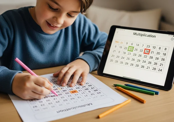 Child coloring a printable multiplication chart with crayons