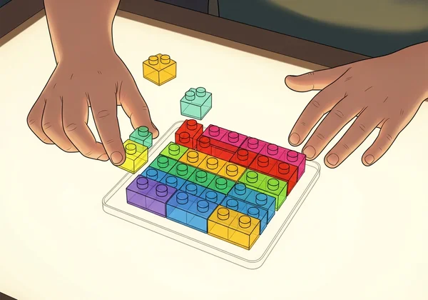 孩子用彩色积木构建乘法数组