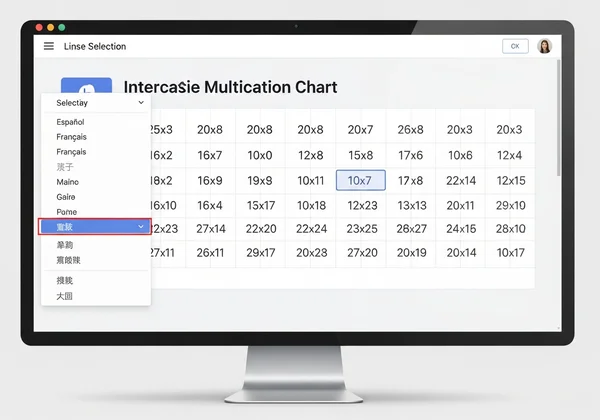 Screenshot of a multiplication chart with language menu open