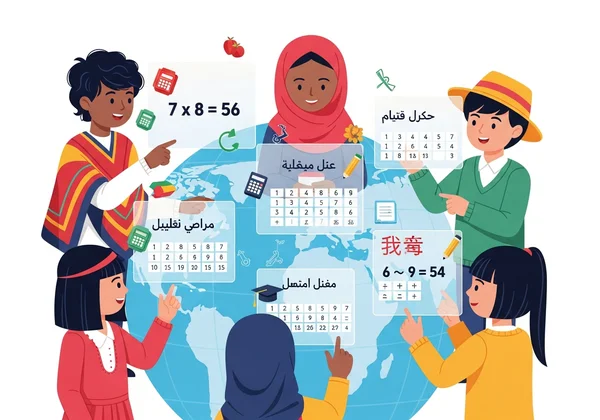 Global children learning multiplication in diverse languages