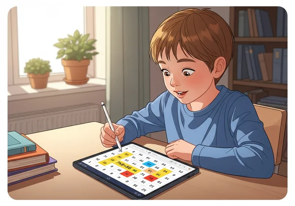 Child using an interactive multiplication chart
